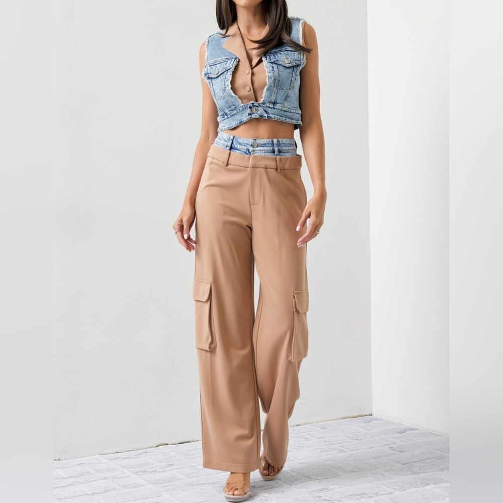 #512 521 🛑S,L HIGH END Mixed Fabric Denim Vest and Cargo Pants Set - Picture 12 of 16